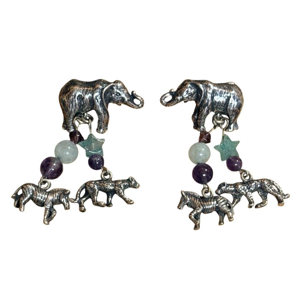 Kabana Earrings Sterling Animals w/ Quartz & Amethyst Beads Vintage Dangle 3-D